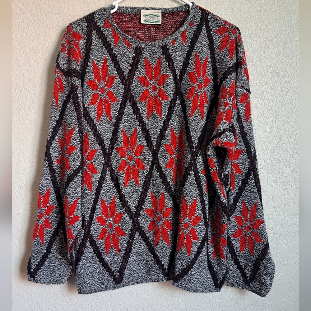 Vintage Gray Red Argyle Diamond Floral Print Chtistmas Sweater Size Large